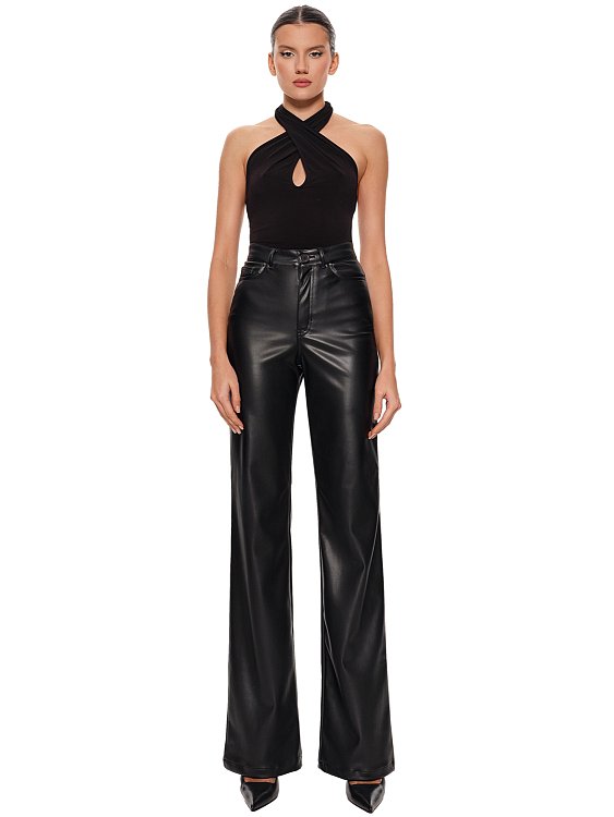 Straight-Leg Faux Leather Trousers, Black