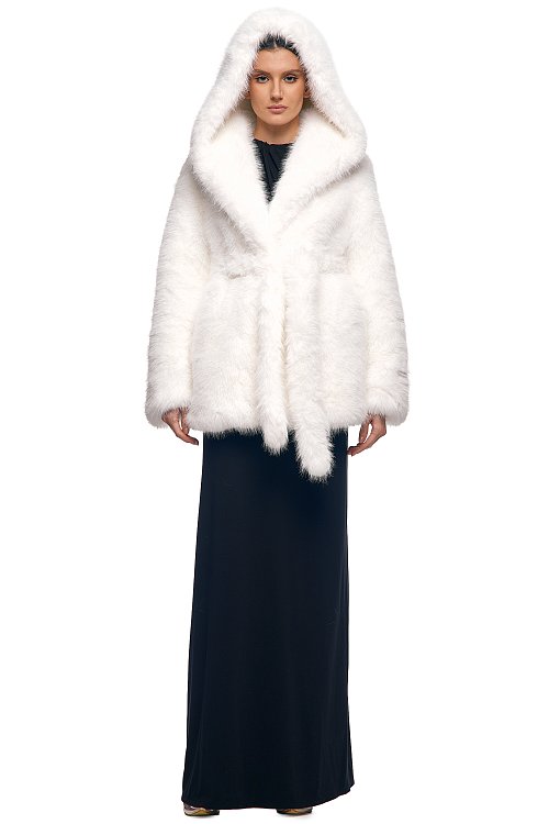 Elongated fur coat with hood