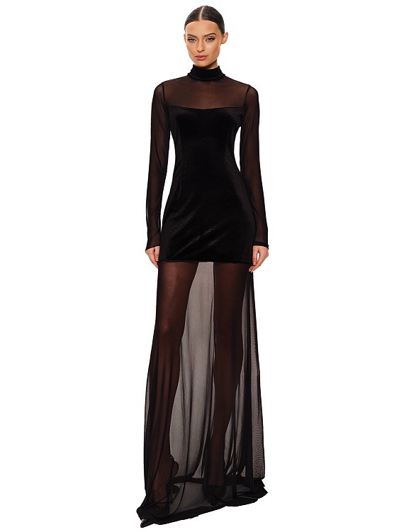 stretch velvet dress with mesh, Black