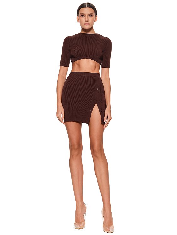 Mini skirt with slit, Dark chocolate