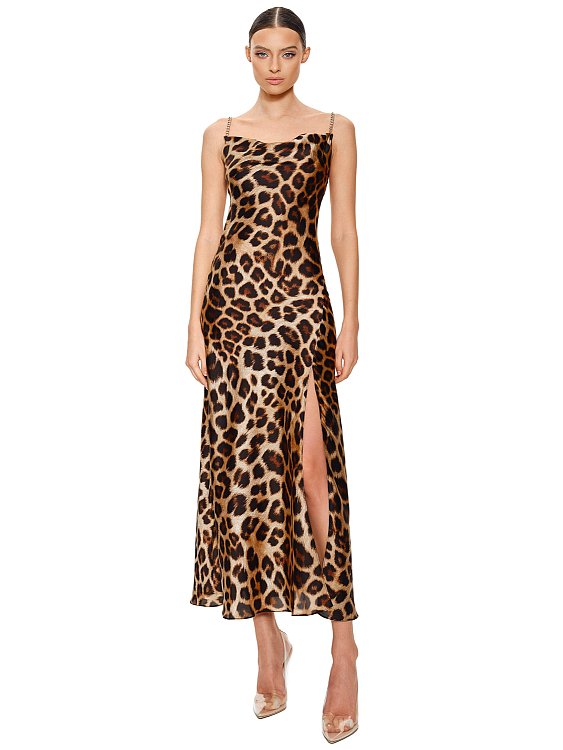 LEOPARD SILKY DRESS WITH GOLD STRAPS, Leopard