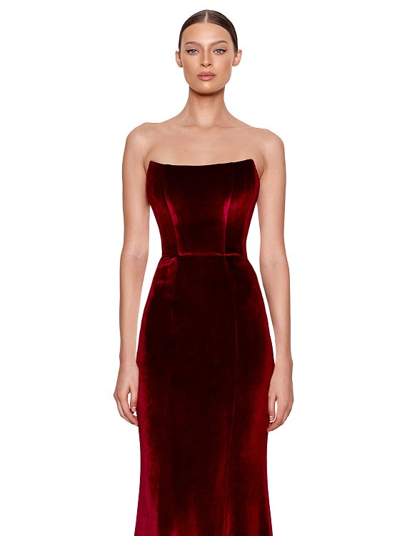 Корсетное бархатное платье-рыбка винное