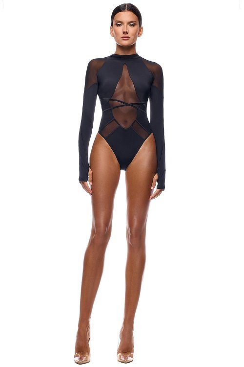 БОДИ ИЗ СЕТКИ И МИКРОФИБРЫ С ДЛИННЫМ РУКАВОМ