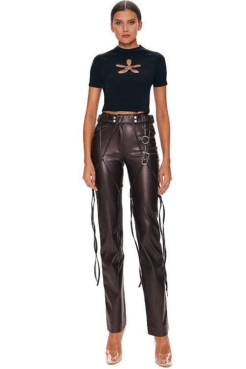 BROWN V-LEATHER TROUSERS WITH STRAPS, Brown