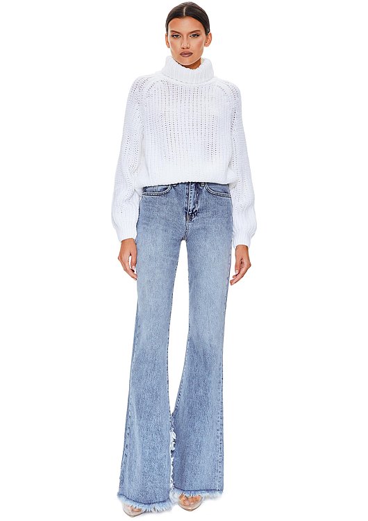 High-waisted frayed jeans with cutouts, Blue