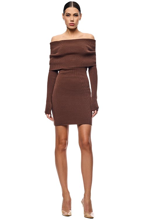 Off Shoulder Dress, Brown