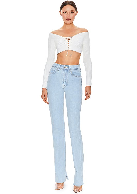 Straight jeans with cutouts under the pocket, Light blue